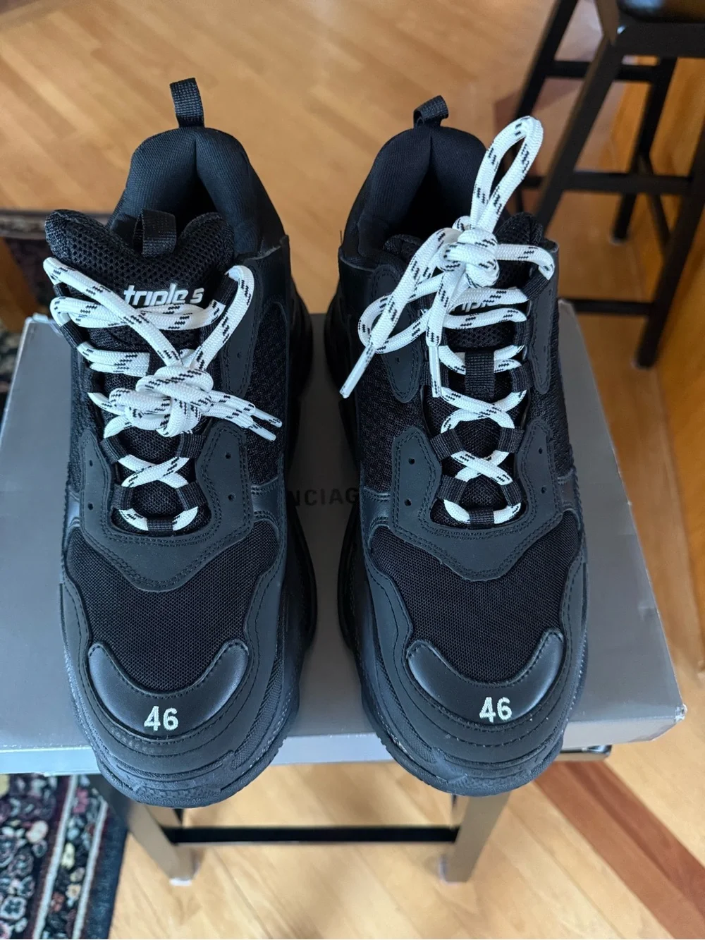 Balenciaga Triple S Chunky Black Sneakers with White Laces